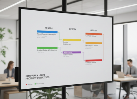 Roadmap con hitos en pizarra